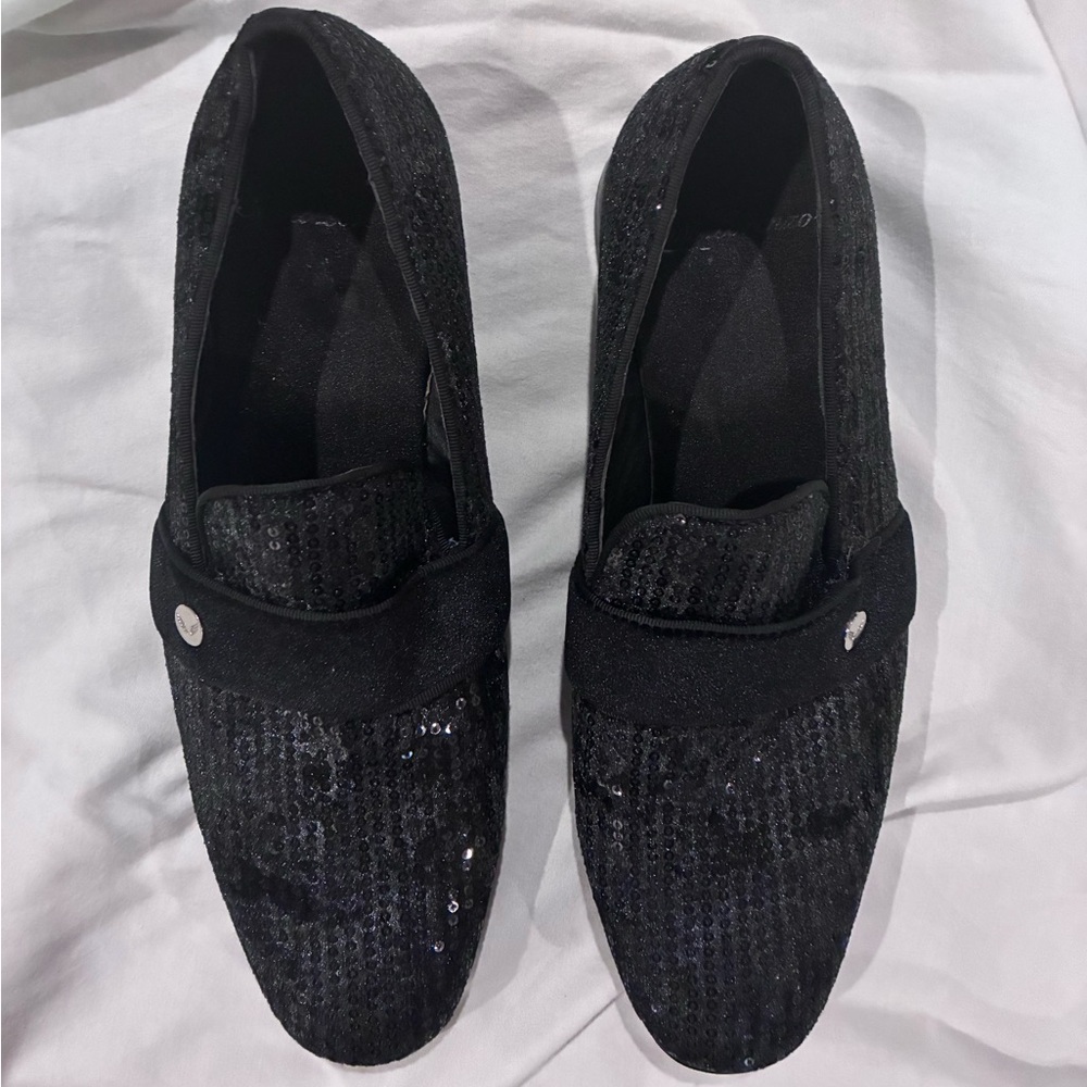 Men's Black Sequin Slip-On Loafers with Pink Sole, great for prom or wedding